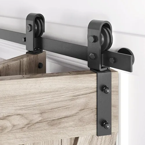 Kit de herrajes para puerta de granero corrediza de 28" biplegable, rodillo negro en forma de J montado lateralmente, se desliza suave y