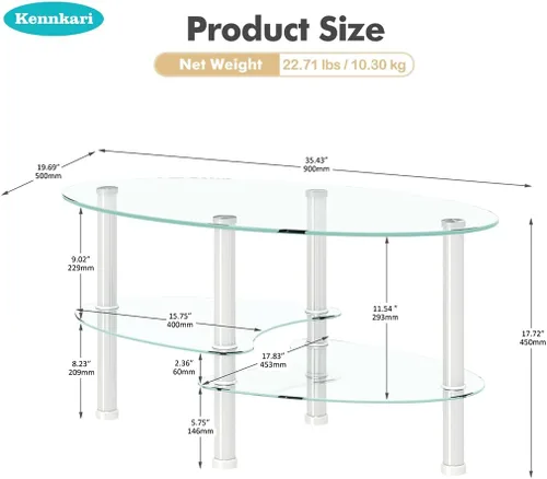 Vista 3 de Mesa auxiliar ovalada con almacenamiento, moderna mesa de cristal de 3 capas para sala de estar, transparente y transparente