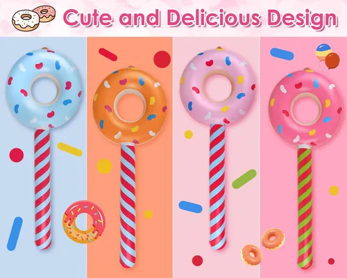 Vista 7 de DS. DISTINCTIVE STYLE Juego de 4 paletas inflables con forma de dona de 33 pulgadas, decoración de cumpleaños con temática de caramelos, accesorios