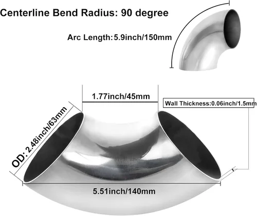 Vista 2 de Paquete de 4 codos curvados de mandril de acero inoxidable 304, tubo de codo de escape de 90 grados, codo de mandril de 2.5 pulgadas de diámetro