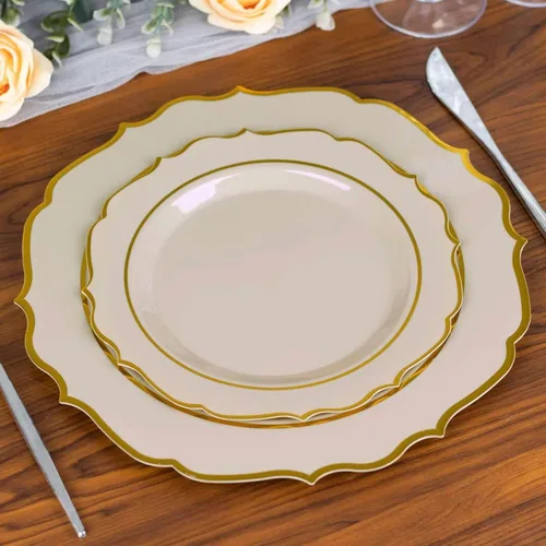Vista 6 de Efavormart - Paquete de 10 platos de ensalada de postre de plástico gris pardo de 8 pulgadas, vajilla desechable redonda con borde festoneado dorado