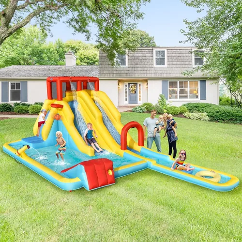 Vista 5 de BOUNTECH Tobogán acuático inflable, tobogán de surf de elefante, parque acuático para niños, castillo hinchable con 2 piscinas de chapoteo, cueva