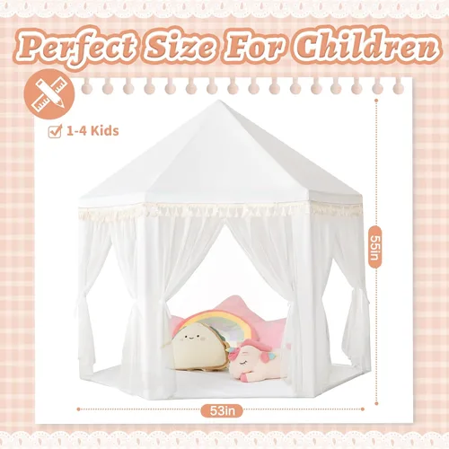 Vista 3 de Monobeach Tienda de campaña de princesa blanca para niñas, decoración de borla grande, casa de juegos para niños, castillo con luces de estrella
