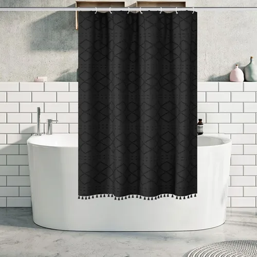 Vista 27 de Siiluminisoy - Cortina de ducha pequeña estilo boho para cubículo, de tela tejida con borla blanca, 36 x 72 pulgadas, tamaño medio, con diseño