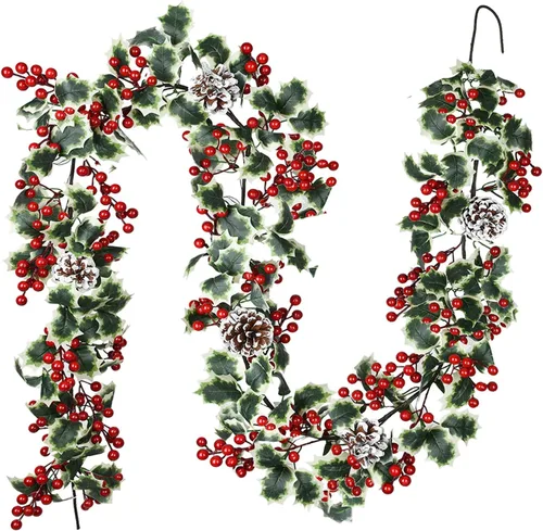 Lvydec Guirnalda de bayas rojas para decoración navideña, guirnalda de bayas artificiales de 6 pies con piñas y hojas de acebo para decoración de