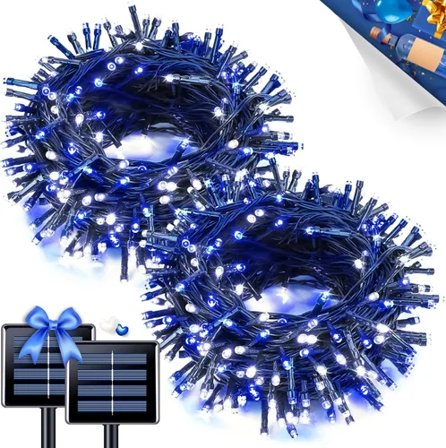 Vista 45 de JMEXSUSS Paquete de 2 tiras de luces solares para exteriores, 100 LED de 42.7 pies de luces solares blancas para exteriores, impermeables, 8 modos