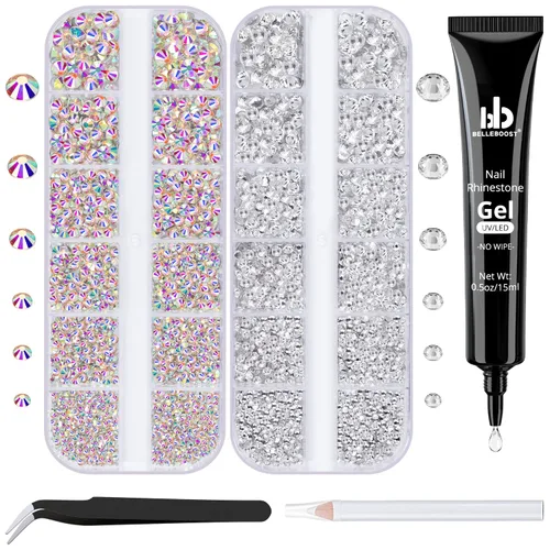 Vista 19 de Kit de pedrería para uñas BELLEBOOST, 15ml de pegamento de gel con strass + gemas coloridas + cristales de vidrio flatback AB y gemas transparentes