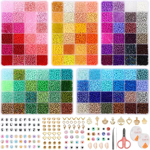 Vista 7 de QUEFE 62000 piezas 120 colores cuentas de semillas de vidrio para hacer joyas, cuentas mini de 2 mm con accesorios, kit de pulseras de amistad