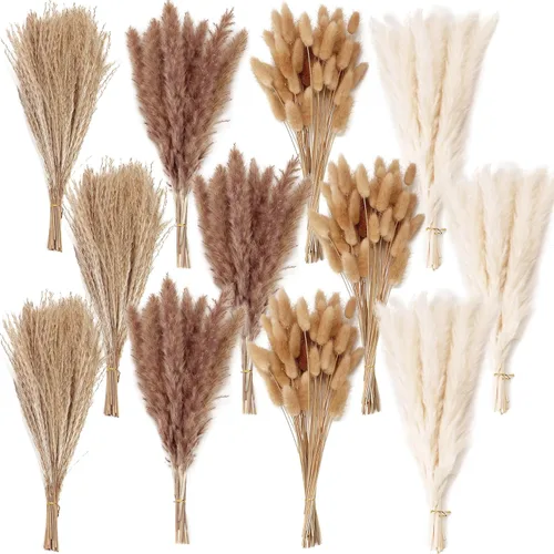 Vista 14 de Decoración de hierba de pampa seca natural, 100 piezas de hierba de pampa que contiene colas de conejo blancas flores secas, ramo de hierba de caña