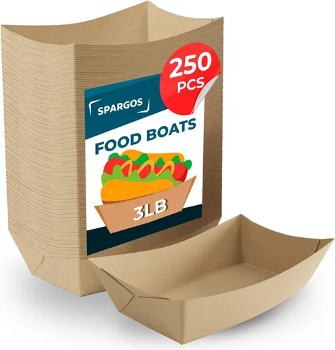 Vista 8 de SPARGOS Botes de comida de papel kraft de 3 libras (paquete de 125) – Bandejas desechables de color marrón rústico para bodas y embutidos – Cestas