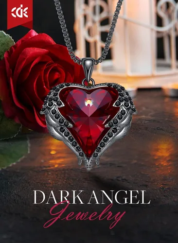 Vista 3 de CDE Angel Wings Heart Birthstone Pendant Necklace Gift for Women Negro-01&07-Piedra natal roja rubí