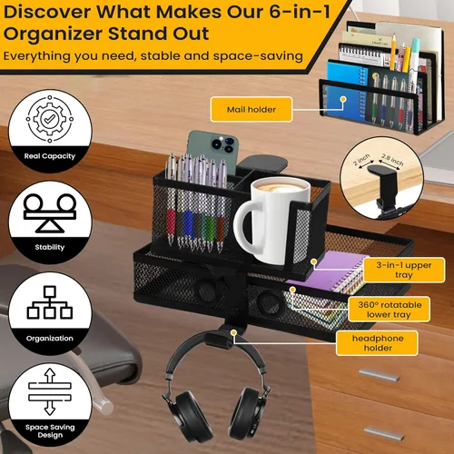 Vista 2 de Organizador de escritorio con abrazadera 6 en 1 con soporte para tazas y cajón giratorio de 360°, piezas intercambiables, accesorio de cajón