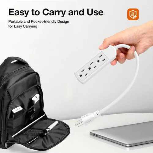 Vista 5 de Paquete de 2 regletas de alimentación de 3 clavijas, color blanco delgado, 3 tomas de tierra, cable de alimentación de extensión resistente de 1