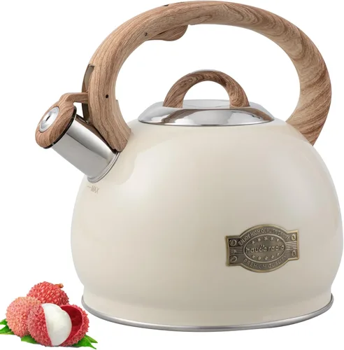 Vista 9 de Hervidor de té, hervidor de té silbante de 2.7 cuartos de galón, tetera con mango de acero inoxidable de grado alimenticio y patrón de madera