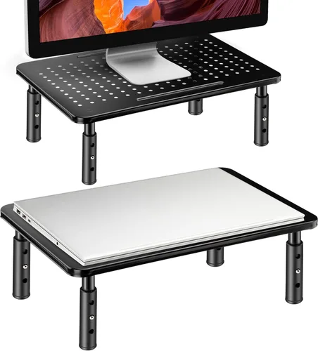 La Jaco Elevadores de monitor para 2 monitores, soporte de monitor ajustable de 3 alturas con soporte para bolígrafo, elevador de monitor doble para