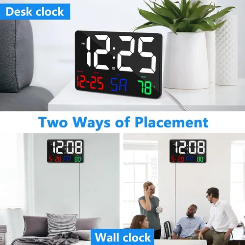 Vista 3 de Reloj digital de pared, reloj despertador digital LED de 11.5 pulgadas, pantalla grande, con control remoto, brillo ajustable, calendario