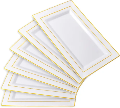 Vista 8 de I00000 Paquete de 6 bandejas de servir de plástico con purpurina dorada, 15" x 10" bandejas de comida onduladas, bandejas de servir desechables