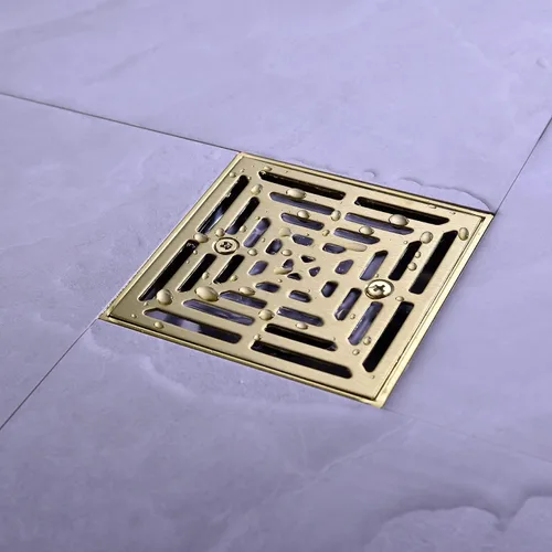 Vista 67 de RANDOM Drenaje de ducha redondo SUS304 de acero inoxidable dorado cepillado Drenaje de ducha de 4 pulgadas con brida de base de PVC ajustable