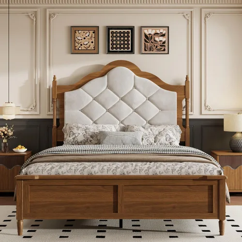 Vista 8 de Full Size Bed Frame with 57 in High Headboard,Solid Pine Wood Platform Bed with Victorian Button Tufted Headboard No Box Spring Needed Noise Free