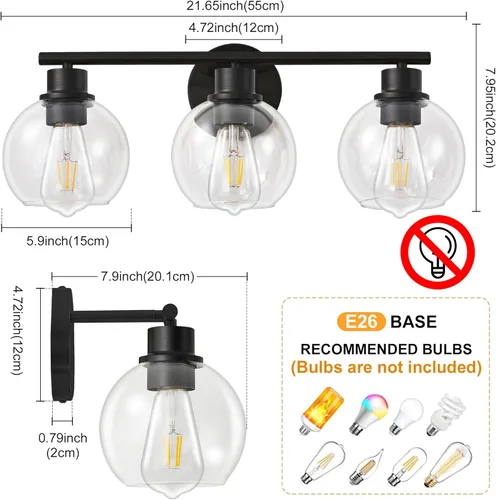 Vista 8 de Lámparas de baño sobre espejo, 3 luces, lámpara de tocador de baño con pantalla de vidrio transparente de 22 pulgadas, modernas luces negras