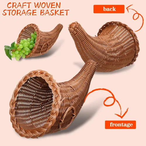 Vista 4 de HOMSFOU Cornucopia - Cestas de cuerno de imitación de vid de otoño, frutas de Acción de Gracias, cesta de cornucopia, bocina de pan para centro