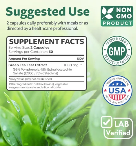 Vista 5 de Extracto de té verde (no modificado genéticamente) 120 cápsulas con EGCG de alta potencia para pérdida de peso y mejora del metabolismo - Píldoras