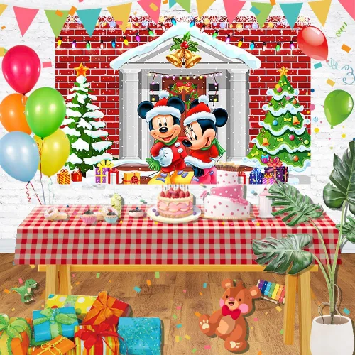 Vista 2 de Telón de fondo de Navidad para decoración de fiesta de Mickey Mouse, 5 x 3 pies (rojo y verde), tela de poliéster