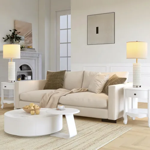 Vista 6 de Juego de 2 lámparas de mesa de cerámica blanca de 28 pulgadas para sala de estar con puertos USB C+A, lámparas táctiles para mesita de noche, 2