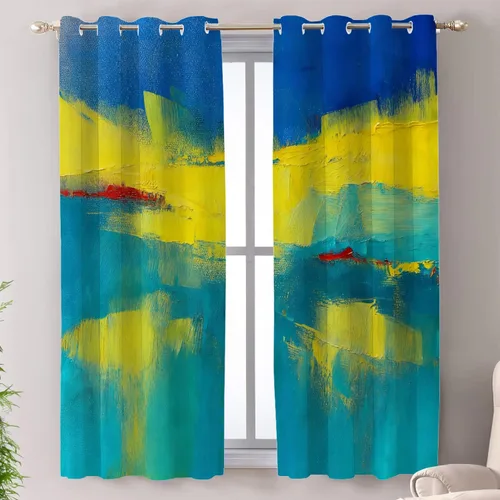 Vista 77 de Shrahala Beige and Orange Abstract Art Brushstrokes Tier Curtains for Kitchen Windows, Abstract Oil Paint Cafe Curtain Multilayer Polyester Blackout