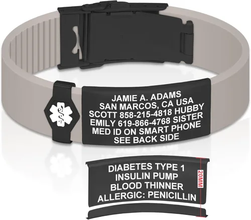 Vista 226 de Divoti Pulsera de identificación de alerta médica grabada personalizada, grabado láser de doble cara, pulsera de silicona, cierre de seguridad