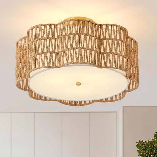 Vista 12 de Lámparas bohemias de 13.6 pulgadas de montaje empotrado, 3 luces de ratán para techo, montaje empotrado dorado para dormitorio, en forma de flor