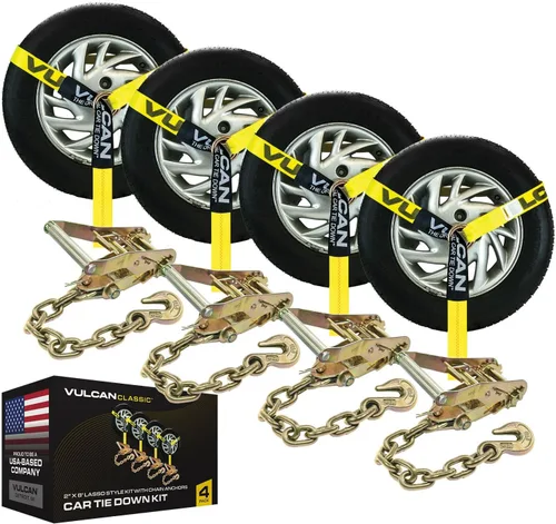 VULCAN - Correa de amarre para auto con anclajes de cadena, estilo lazo, 2 x 96 pulgadas, paquete de 4 unidades, amarillo clásico, carga de trabajo