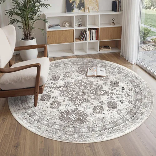 Vista 142 de zesthome Alfombras de área de 5 x 7, lavables a máquina, para sala de estar, dormitorio, resistentes a las manchas, vintage, de gran área, Beige