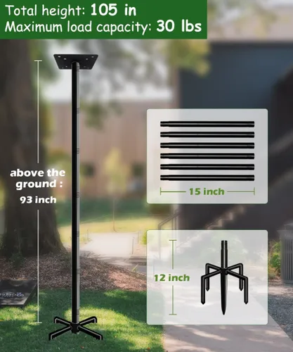 Vista 2 de Kit de montaje en poste de casa de pájaros de 105 pulgadas, poste alimentador de pájaros ajustable y resistente para exteriores, juego de postes