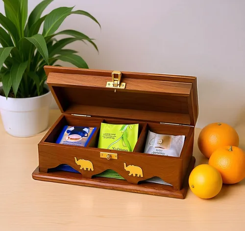 Vista 5 de Organizador de caja de té de palisandro hecho a mano con incrustaciones de latón, baúl de almacenamiento de 3 compartimentos para bolsas de té