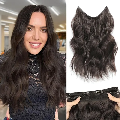 Vista 17 de MORICA Extensiones de cabello con alambre invisible, 20 pulgadas, rubio, largo, ondulado, sintético, con alambre transparente, tamaño ajustable, 4