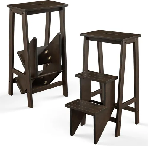 Giantex Escalera plegable de 3 niveles, taburete de madera multifuncional 3 en 1, escalera de exhibición y estante de almacenamiento para Marrón