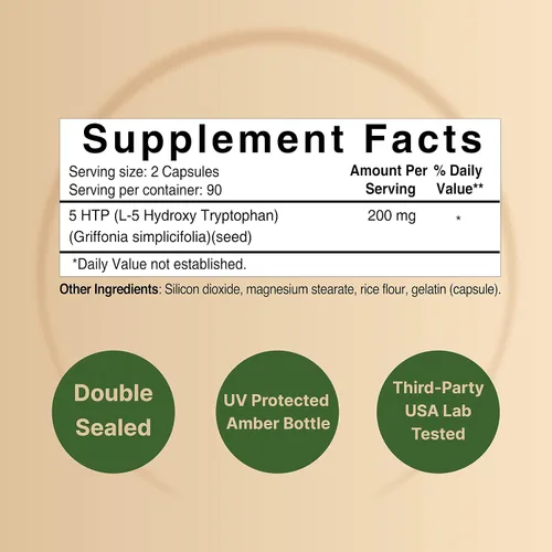 Vista 2 de NatureBell Suplemento 5-HTP, porciones de 200 mg (180 cápsulas) Extracto 98% puro, auténtica fuente de semillas de Griffonia africana Apoyo a base