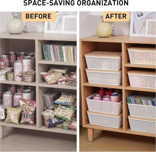 Vista 9 de Contenedores de almacenamiento pequeños con tapas, 6 unidades, cesta de almacenamiento de plástico con tapa de bambú para organización de despensa