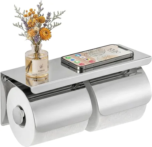 Vista 10 de Soporte de papel higiénico doble de acero inoxidable con estante de almacenamiento para teléfono (gris)