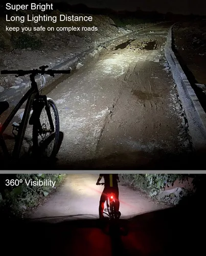 Vista 5 de Luces de bicicleta de 6400 mAh para conducción nocturna, juego de faros y luces traseras recargables USB C, superbrillantes, 1200 lúmenes, IPX5