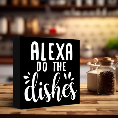 Vista 6 de LVQHI Divertidos letreros de madera para cocina, placa rústica de cocina, decoración de escritorio, caja de madera con texto en inglés "Alexa Do the