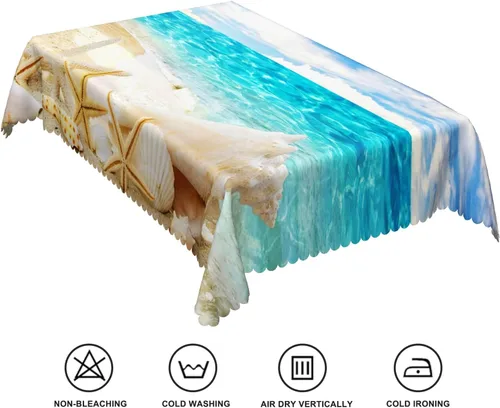 Vista 6 de Mantel oblongo, diseño de playa de 52 x 70 pulgadas, diseño de playa con estrellas de mar y olas de mar, con decoración impermeable y resistente a