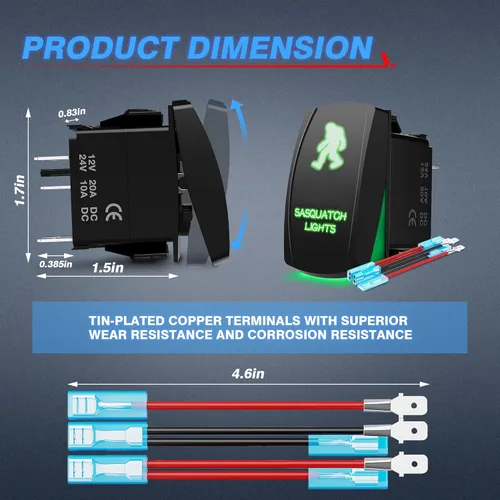 Vista 6 de MICTUNING 5pin BIGFOOT Interruptor basculante ON-OFF Luz LED 20A 12V Verde