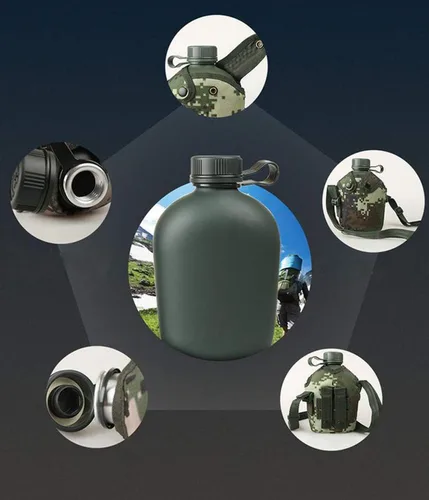 Vista 5 de Jadedragon Botella de agua militar para cantina, de aluminio reforzado con funda de nailon para cinturón, botellas de agua portátiles con correa