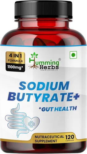Humming Herbs Cápsulas de butirato de sodio + soporte digestivo 4 en 1 con L-glutamina + inulina prebiótica + mezcla de probióticos (10 mil millones