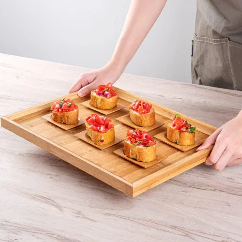 Vista 5 de Restaurantware -Vajilla de bambú desechable de 3 pulgadas, 100 platos rectangulares de bambú - Sangría redonda de primera calidad, platos de bambú