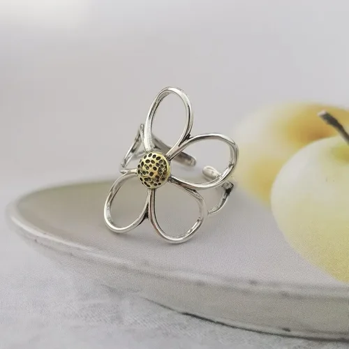 Vista 3 de Anillo de flores, anillo de margarita vintage para mujer, anillo ajustable de flor de nacimiento de abril, regalo de joyería