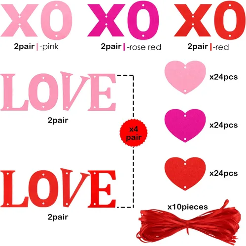 Vista 3 de Boao 100 guirnaldas colgantes de corazón de fieltro de San Valentín con 10 cuerdas para decoración de San Valentín para aniversario de bricolaje