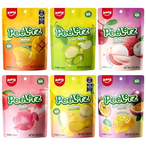 Vista 23 de AMOS Peelerz - Paquete variado de gomitas pelables, 3.00 oz cada uno (total de 11.99 oz), mango, uva, plátano, sabores de melocotón, gomitas suaves